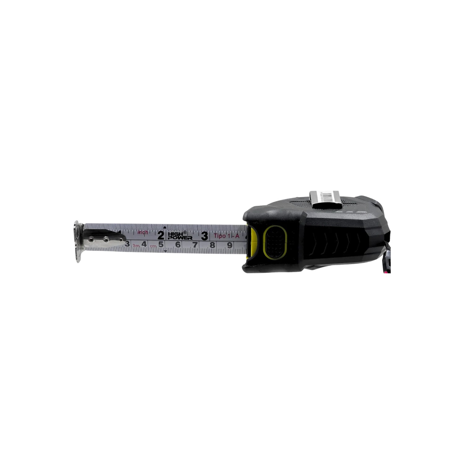 Flexómetro High Power 3 metros, cinta métrica de acero, carcasa negra y amarilla, escalas en cm y pulgadas, uso profesional.