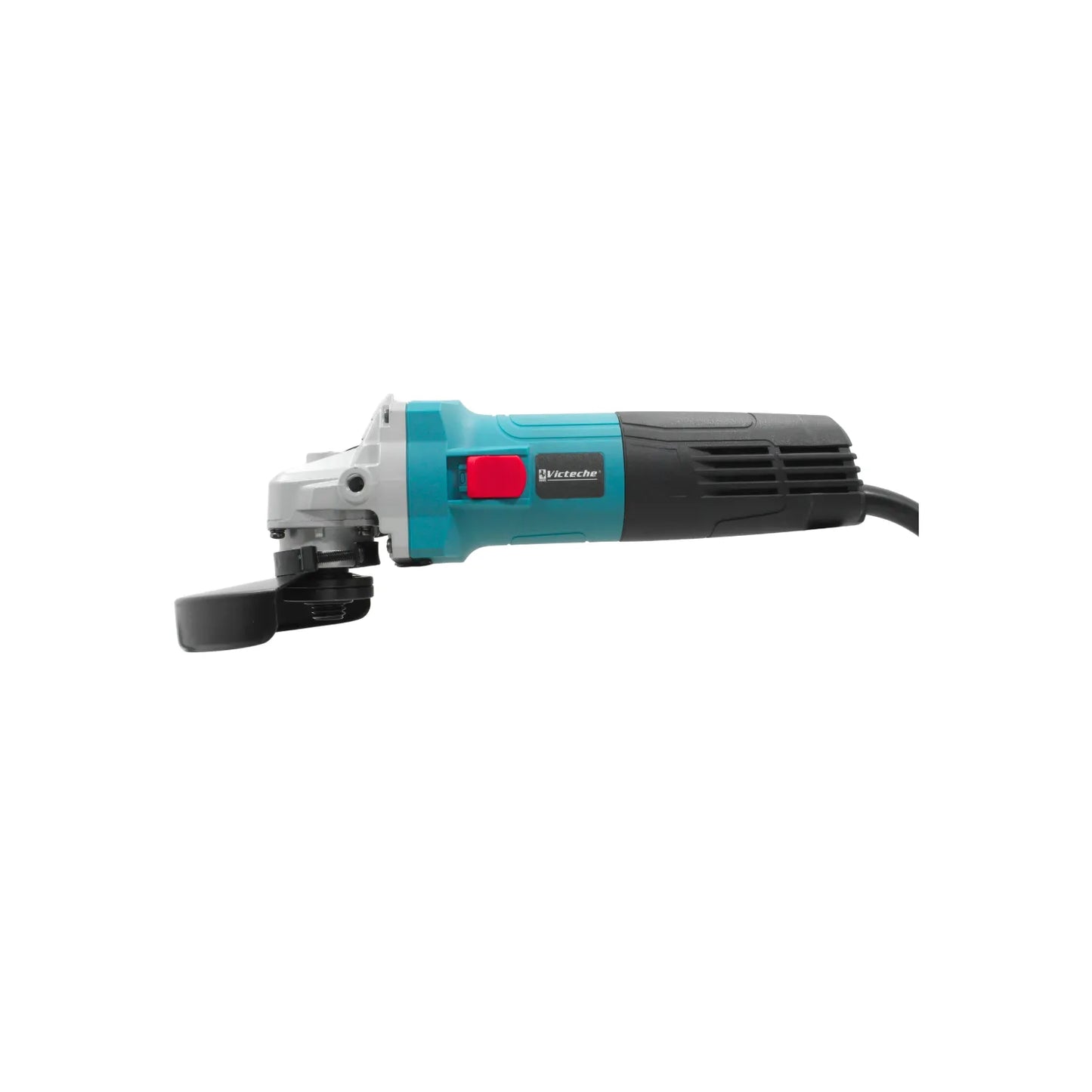 Esmeril angular Victeche turquesa y negro con interruptor lateral rojo y protector de seguridad para discos.