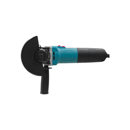 Esmeril angular eléctrico color cian con mango lateral y protector de disco para corte y desbaste profesional.