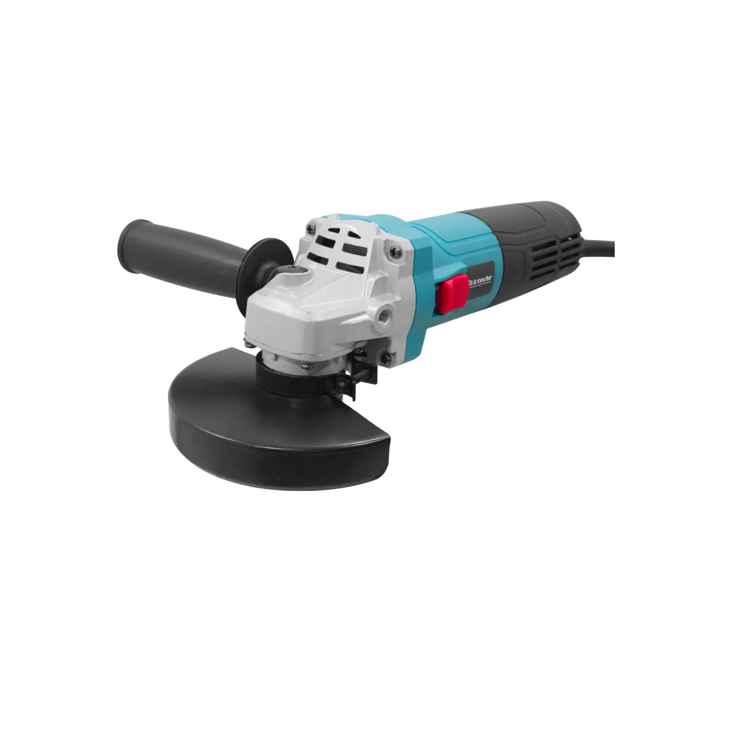 Esmeriladora angular Victeche azul con mango lateral y guarda de seguridad para corte de metal y desbaste profesional.