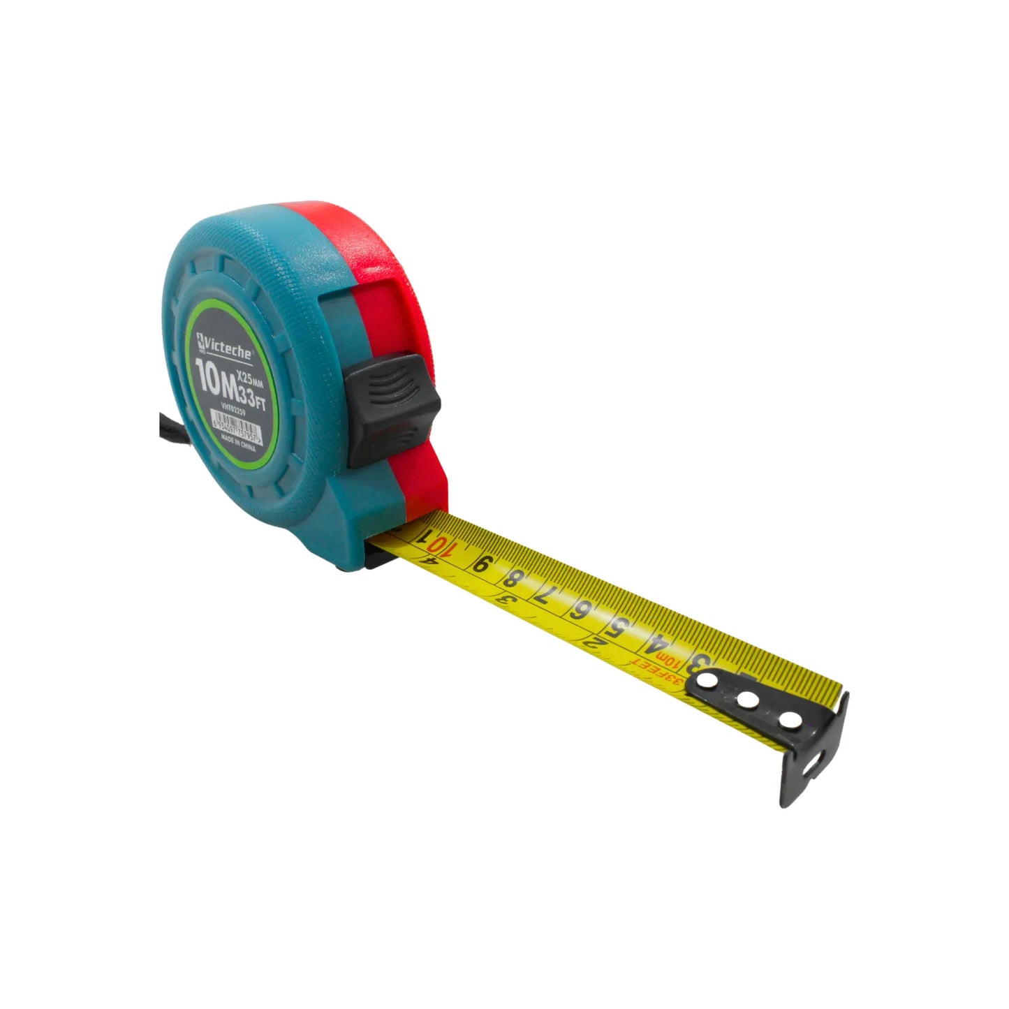 Cinta métrica Victeche 10m 33ft de 25mm carcasa azul y roja con bloqueo y cinta amarilla graduada