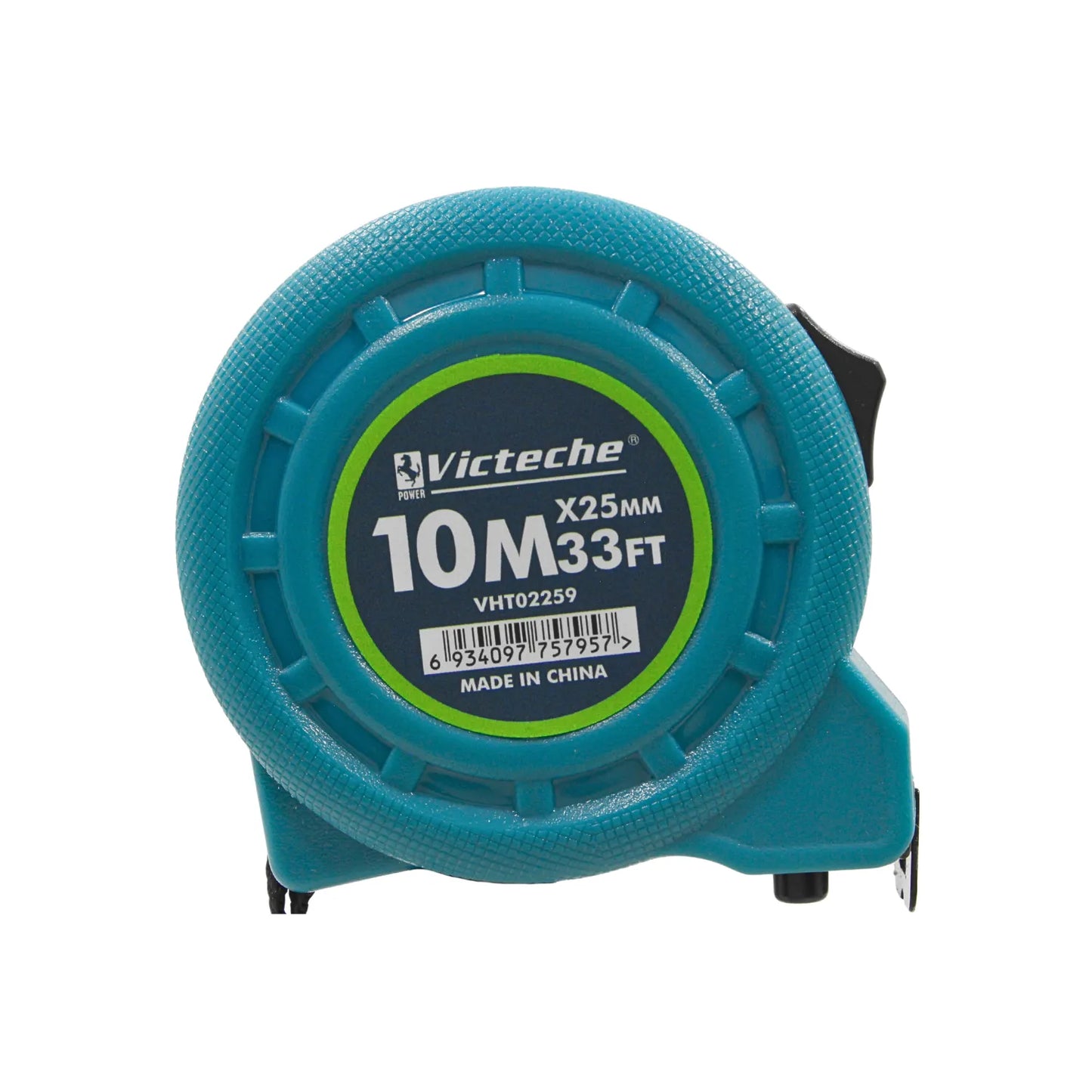 Flexómetro Victeche 10m 33ft x 25mm cinta métrica turquesa ergonómica para construcción y medición profesional.