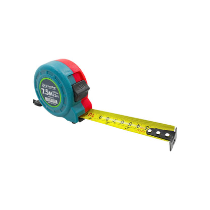 Cinta métrica retráctil Victeche 7.5m y 25ft con carcasa bicolor ergonómica y cinta amarilla para medición precisa.
