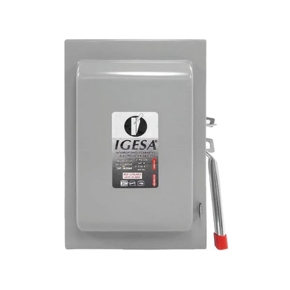 Interruptor de seguridad IGESA IN3060 eléctrico gris 3 polos, 60A, 250V, con palanca de desconexión.