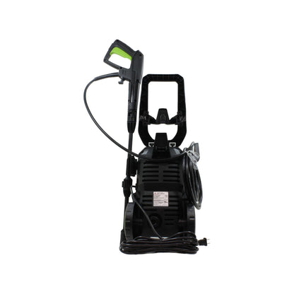 Hidrolavadora eléctrica negra con pistola, manguera y cable. Para limpieza de autos, patios y exteriores.