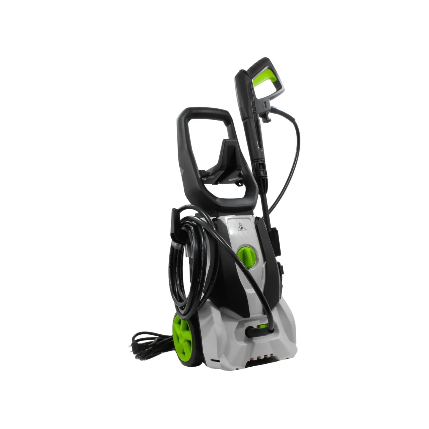 Hidrolavadora eléctrica 1800W portátil con ruedas, diseño blanco, negro y detalles verde brillante.