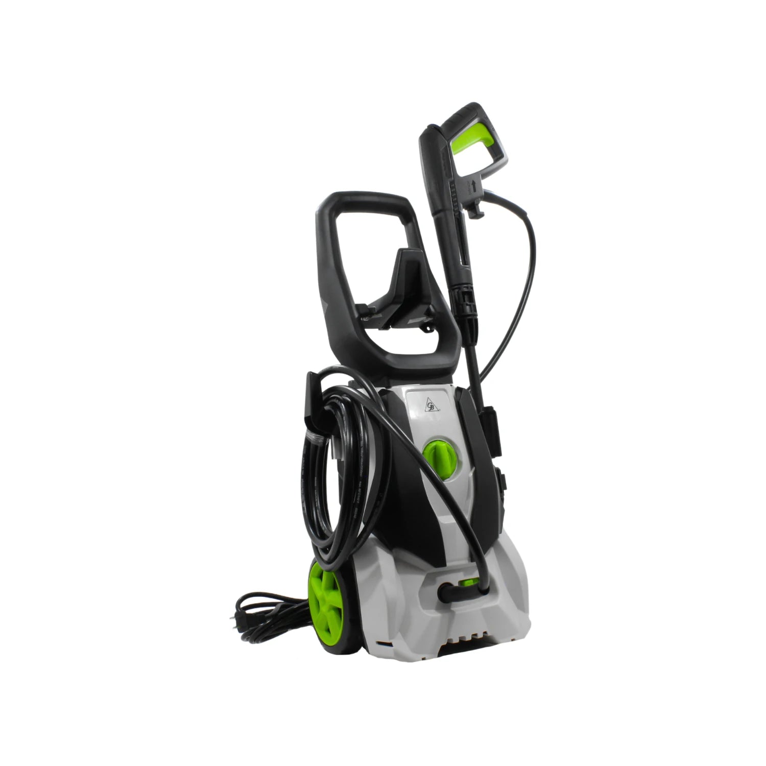 Hidrolavadora eléctrica 1800W portátil con ruedas, diseño blanco, negro y detalles verde brillante.