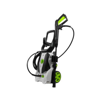 Hidrolavadora eléctrica portátil blanca con ruedas, manguera y pistola, detalles verdes para limpieza de alta presión.