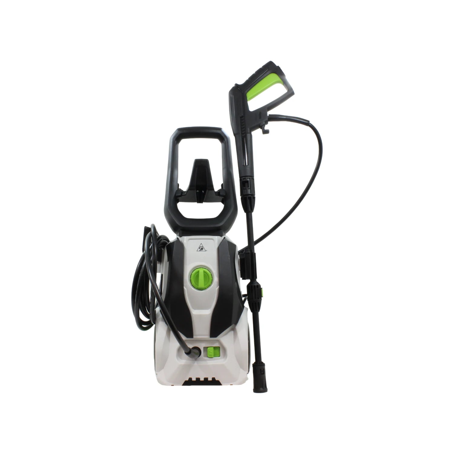 Hidrolavadora eléctrica 1800W de alta presión en blanco y negro con manguera y pistola, ideal para limpieza.