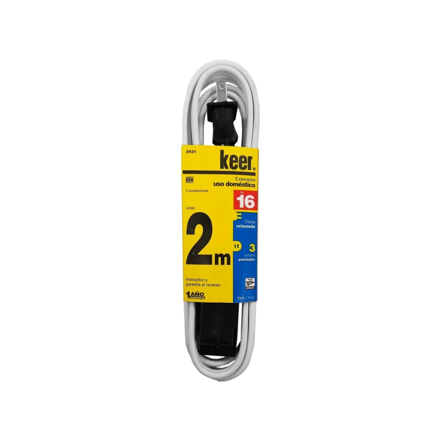 Cable de 2 conductores 2x16 AWG,Extensión con 3 contactos aterrizados.,Clavija y contacto reforzado (negro).,Extensión blanca de 2 metros