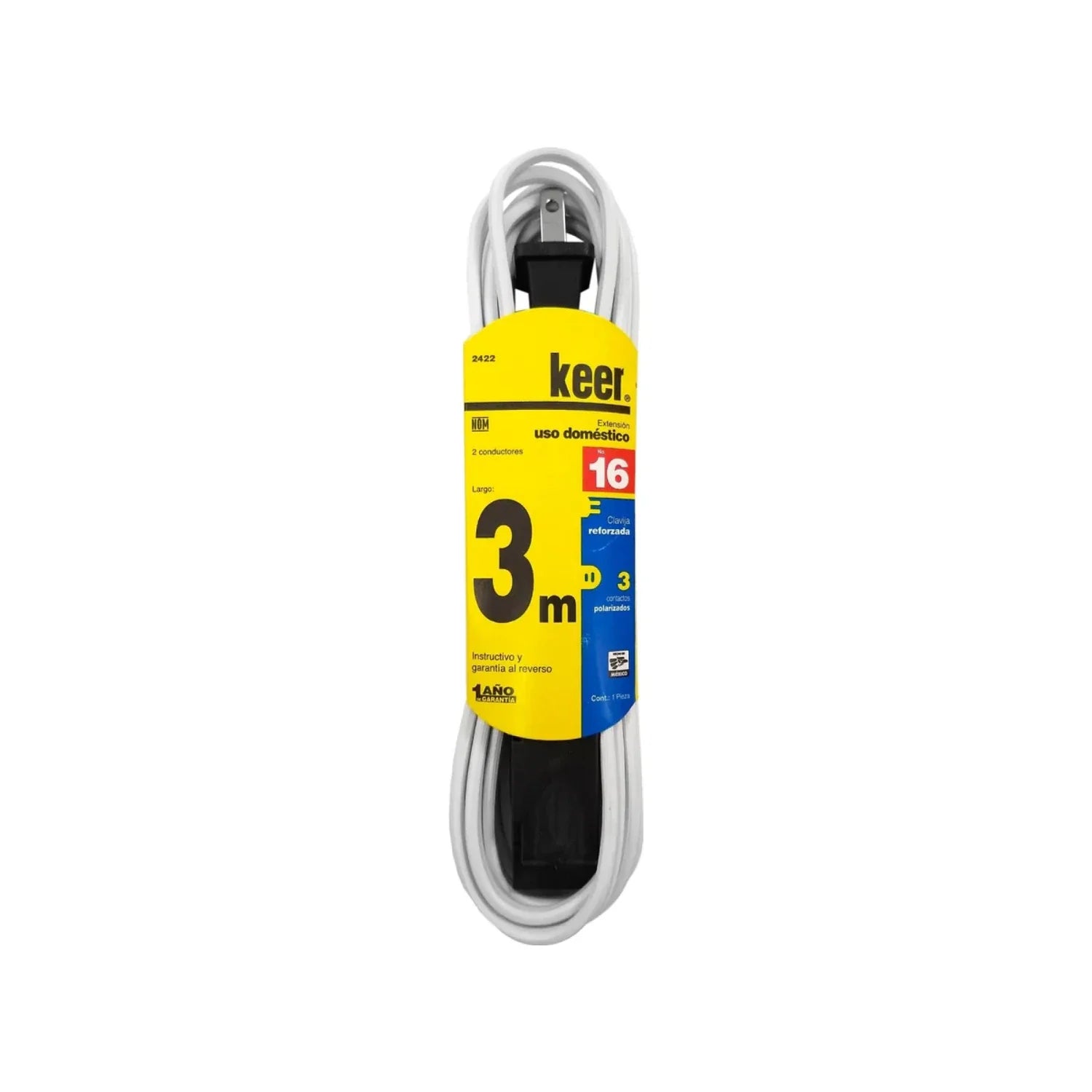 Cable de 2 conductores 2x16 AWG,Extensión con 3 contactos aterrizados.,Clavija y contacto reforzado (negro).,Extensión blanca de 3 metros.