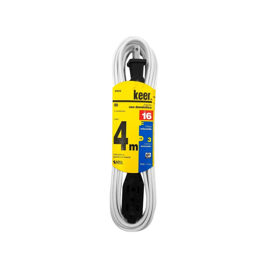 Cable de 2 conductores 2x16 AWG,Extensión con 3 contactos aterrizados.,Clavija y contacto reforzado (negro).,Extensión blanca de 4 metros.
