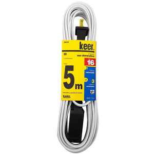 Cable de 2 conductores 2x16 AWG,Extensión con 3 contactos aterrizados.,Clavija y contacto reforzado (negro).,Extensión blanca de 5 metros.