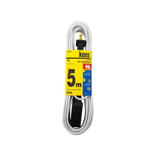 Cable de 2 conductores 2x16 AWG,Extensión con 3 contactos aterrizados.,Clavija y contacto reforzado (negro).,Extensión blanca de 5 metros.