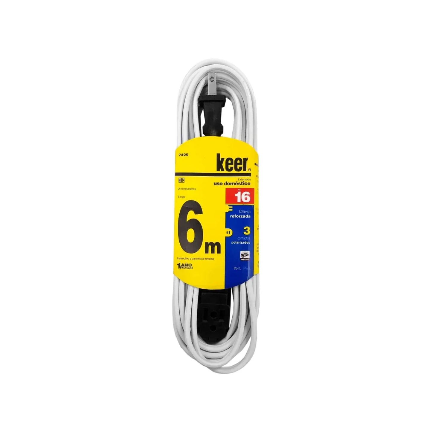 Cable de 2 conductores 2x16 AWG,Extensión con 3 contactos aterrizados.,Clavija y contacto reforzado (negro).,Extensión blanca de 6 metros.