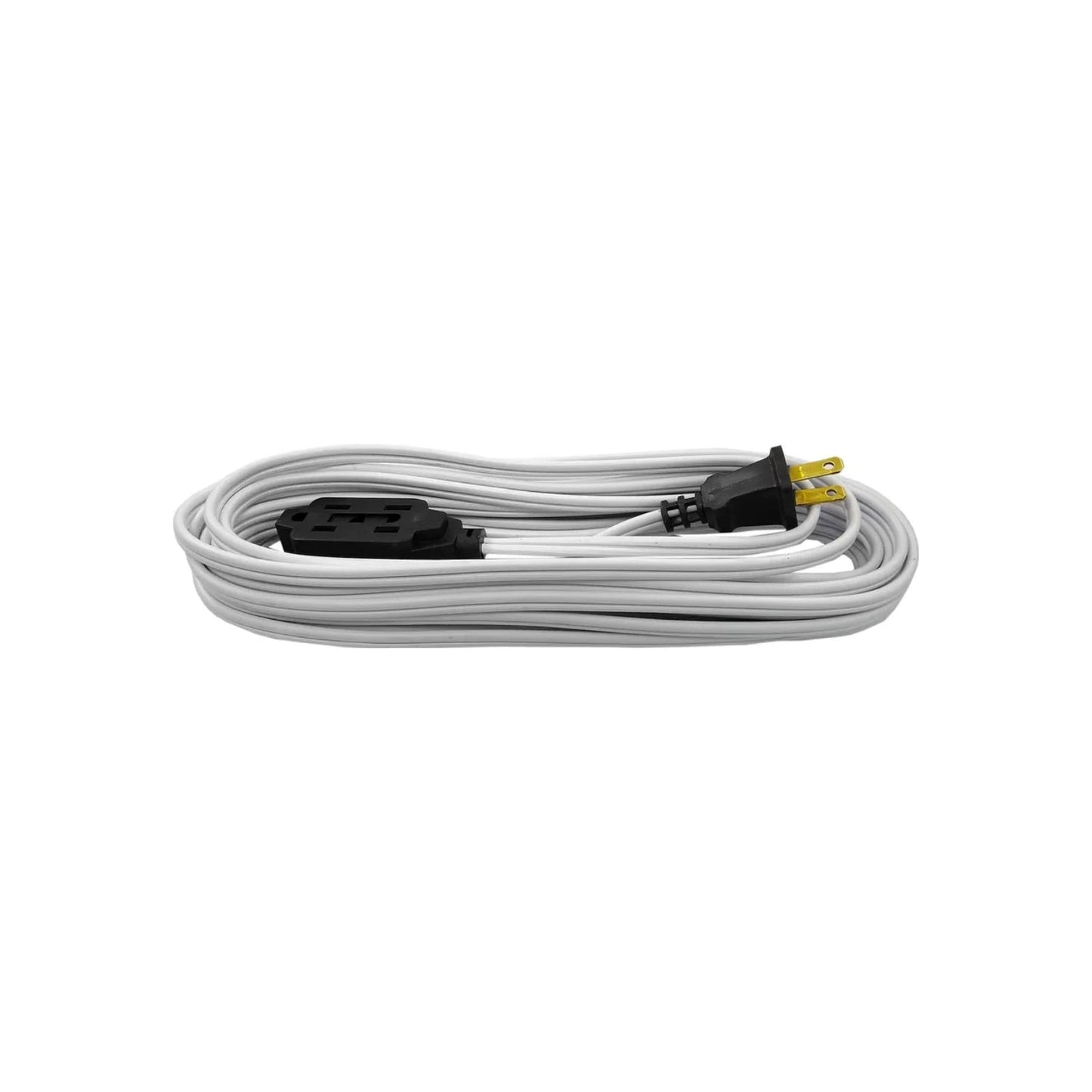 Extensión eléctrica blanca de 8 metros, cable enrollado con enchufe 3 polos y 3 contactos para uso interior.