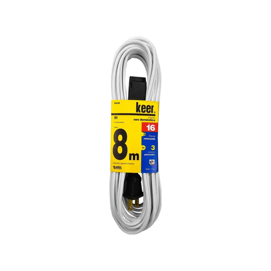 Cable de 2 conductores 2x16 AWG,Extensión con 3 contactos aterrizados.,Clavija y contacto reforzado (negro).,Extensión blanca de 8 metros.