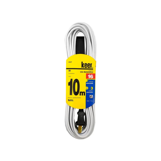 Cable de 2 conductores 2x16 AWG,Extensión con 3 contactos aterrizados.,Clavija y contacto reforzado (negro).,Extensión blanca de 10 metros.