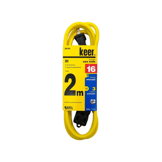 Cable de 2 conductores 2x16 AWG,Extensión amarilla con 3 contactos aterrizados.,Clavija y contacto reforzado (negro).,Extensión de 2 metros con 2 capas de aislamiento en el cable para mayor protección.
