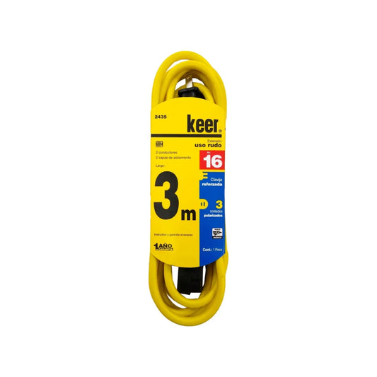 Cable de 2 conductores 2x16 AWG,Extensión amarilla con 3 contactos aterrizados.,Clavija y contacto reforzado (negro).,Extensión de 3 metros con 2 capas de aislamiento en el cable para mayor protección.