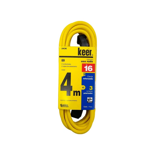 Cable de 2 conductores 2x16 AWG,Extensión amarilla con 3 contactos aterrizados.,Clavija y contacto reforzado (negro).,Extensión de 4 metros con 2 capas de aislamiento en el cable para mayor protección.