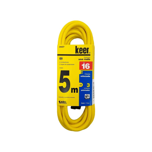 Cable de 2 conductores 2x16 AWG,Extensión amarilla con 3 contactos aterrizados.,Clavija y contacto reforzado (negro).,Extensión de 5 metros con 2 capas de aislamiento en el cable para mayor protección.