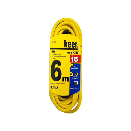 Cable de 2 conductores 2x16 AWG,Extensión amarilla con 3 contactos aterrizados.,Clavija y contacto reforzado (negro).,Extensión de 6 metros con 2 capas de aislamiento en el cable para mayor protección.