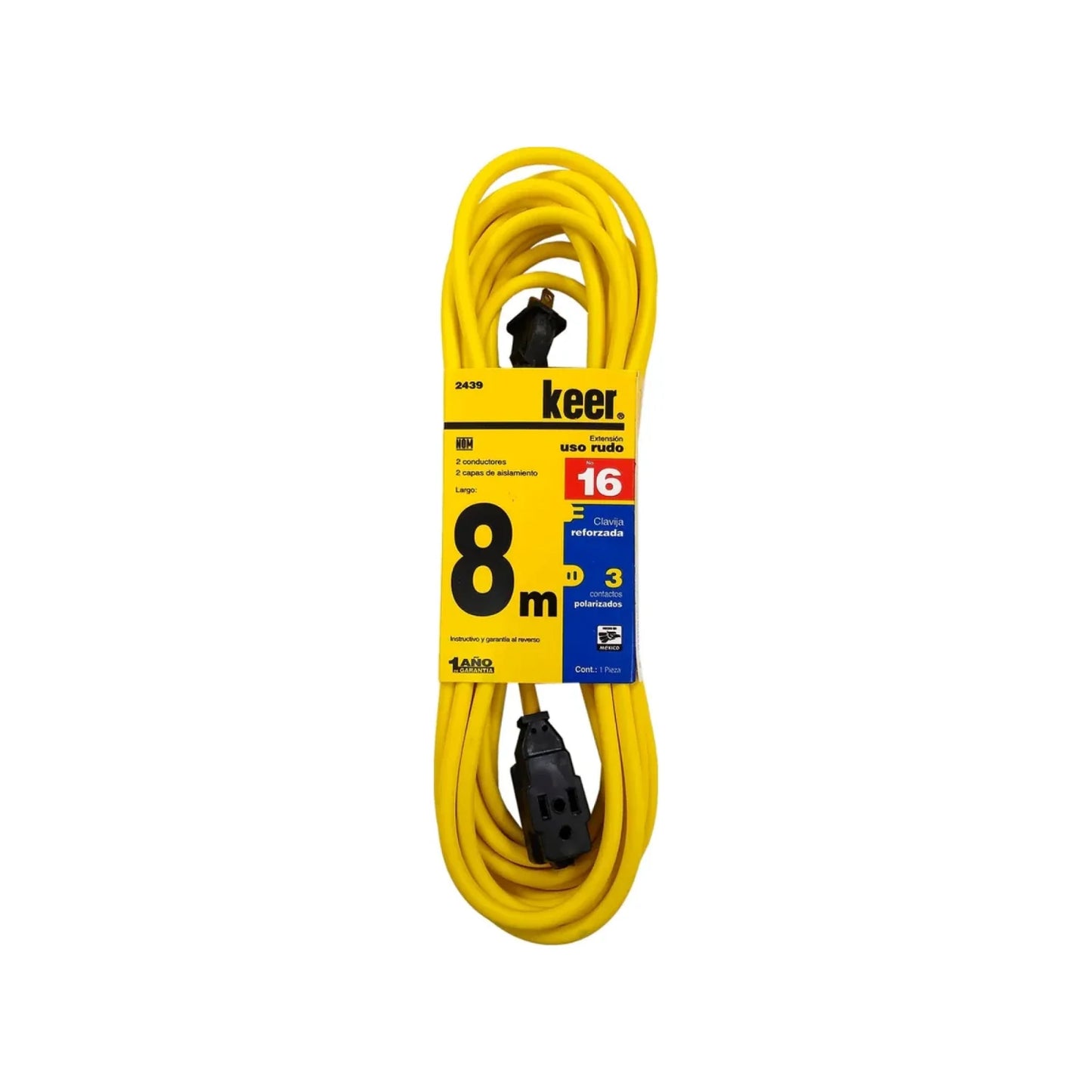 Cable de 2 conductores 2x16 AWG,Extensión amarilla con 3 contactos aterrizados.,Clavija y contacto reforzado (negro).,Extensión de 8 metros con 2 capas de aislamiento en el cable para mayor protección.