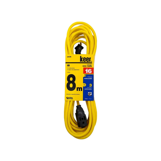 Cable de 2 conductores 2x16 AWG,Extensión amarilla con 3 contactos aterrizados.,Clavija y contacto reforzado (negro).,Extensión de 8 metros con 2 capas de aislamiento en el cable para mayor protección.