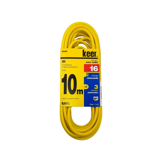 Cable de 2 conductores 2x16 AWG,Extensión amarilla con 3 contactos aterrizados.,Clavija y contacto reforzado (negro).,Extensión de 10 metros con 2 capas de aislamiento en el cable para mayor protección.