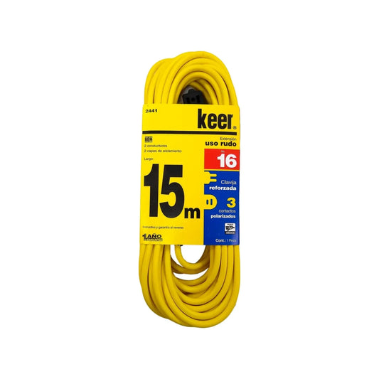 Cable de 2 conductores 2x16 AWG,Extensión amarilla con 3 contactos aterrizados.,Clavija y contacto reforzado (negro).,Extensión de 15 metros con 2 capas de aislamiento en el cable para mayor protección.