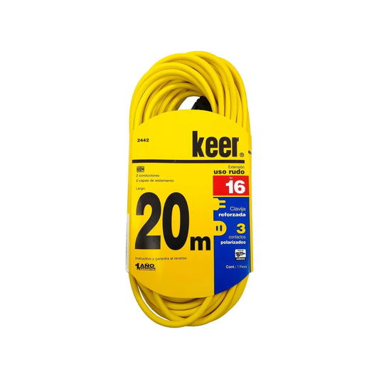 Cable de 2 conductores 2x16 AWG,Extensión amarilla con 3 contactos aterrizados.,Clavija y contacto reforzado (negro).,Extensión de 20 metros con 2 capas de aislamiento en el cable para mayor protección.
