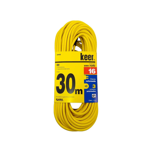 Cable de 2 conductores 2x16 AWG,Extensión amarilla con 3 contactos aterrizados.,Clavija y contacto reforzado (negro).,Extensión de 30 metros con 2 capas de aislamiento en el cable para mayor protección.