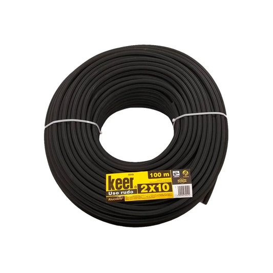 Conductor eléctrico bimetálico (cobre-aluminio).,100 metros de largo.,Aislamiento individual de PVC antiflama.,Cable de uso rudo de 2 conductores.,Cable flexible tensión máxima 300 V,Cable dúplexalucobre calibre 10 de 105 hilos.