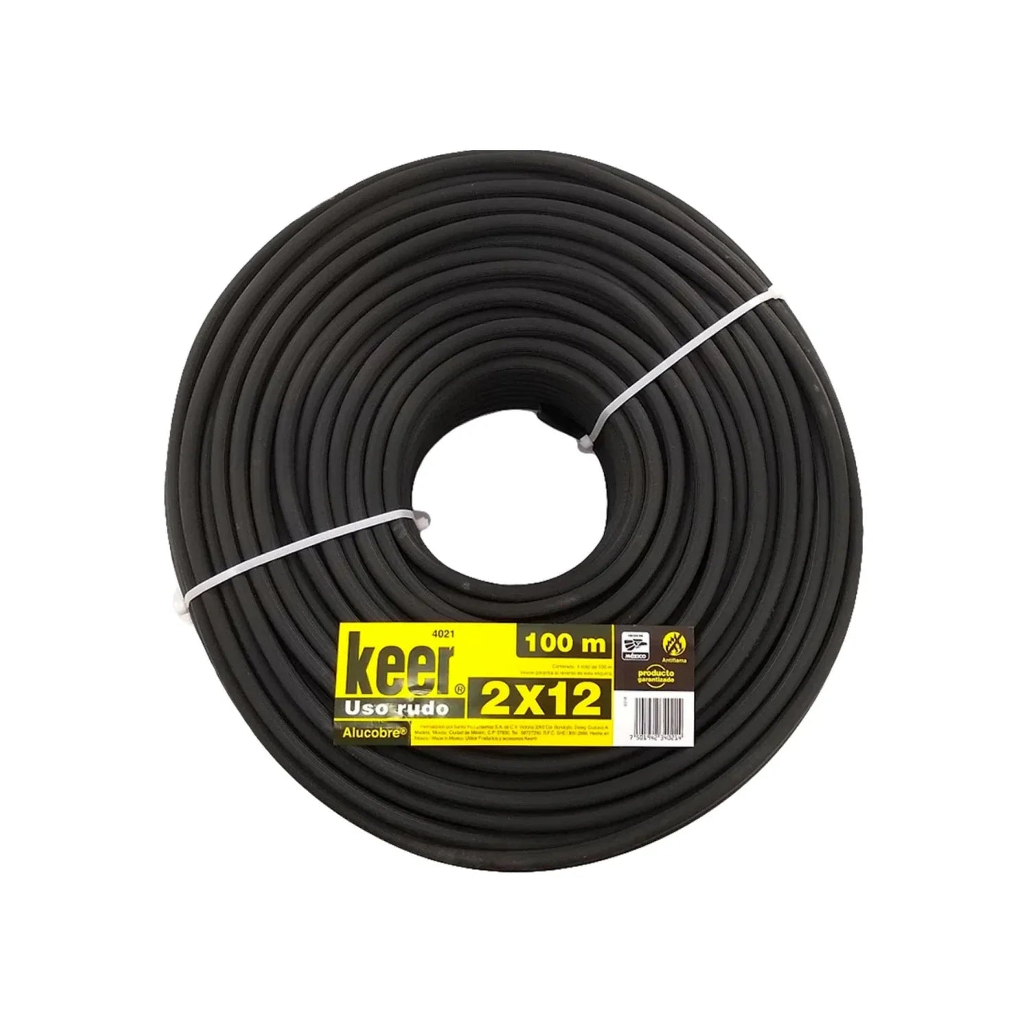 Conductor eléctrico bimetálico (cobre-aluminio).,100 metros de largo.,Aislamiento individual de PVC antiflama.,Cable de uso rudo de 2 conductores.,Cable flexible tensión máxima 300 V,Cable dúplexalucobre calibre 12 de 65 hilos.