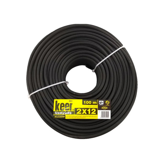 Conductor eléctrico bimetálico (cobre-aluminio).,100 metros de largo.,Aislamiento individual de PVC antiflama.,Cable de uso rudo de 2 conductores.,Cable flexible tensión máxima 300 V,Cable dúplexalucobre calibre 12 de 65 hilos.