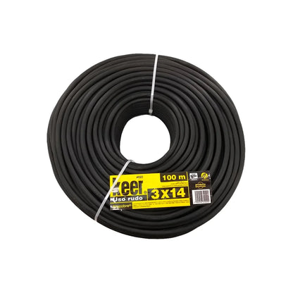 Conductor eléctrico bimetálico (cobre-aluminio).,100 metros de largo.,Aislamiento individual de PVC antiflama.,Cable de uso rudo de 3 conductores.,Cable flexible tensión máxima 300 V,Cable dúplexalucobre calibre 14 de 41 hilos.
