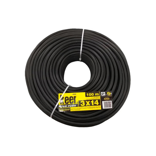 Conductor eléctrico bimetálico (cobre-aluminio).,100 metros de largo.,Aislamiento individual de PVC antiflama.,Cable de uso rudo de 3 conductores.,Cable flexible tensión máxima 300 V,Cable dúplexalucobre calibre 14 de 41 hilos.