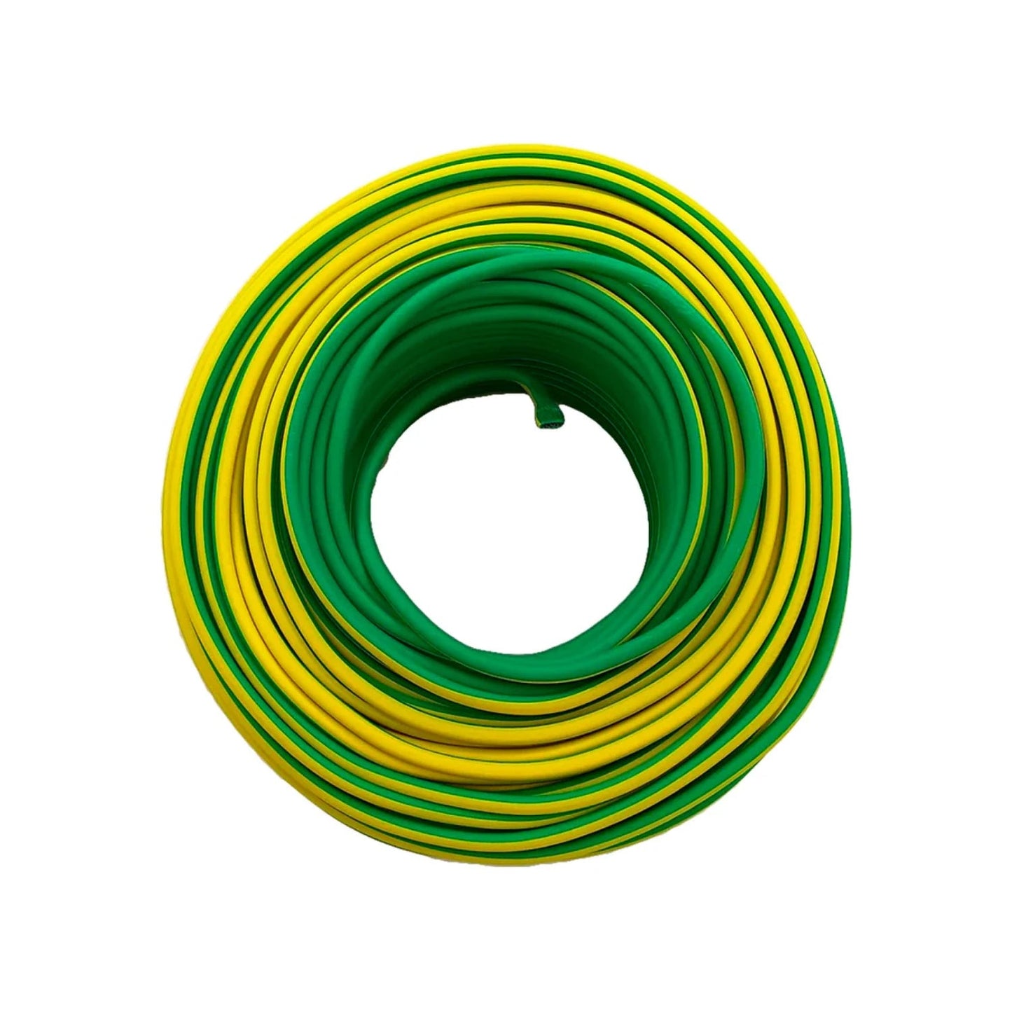Cable de tierra calibre 8, amarillo y verde, enrollado para instalaciones eléctricas seguras.