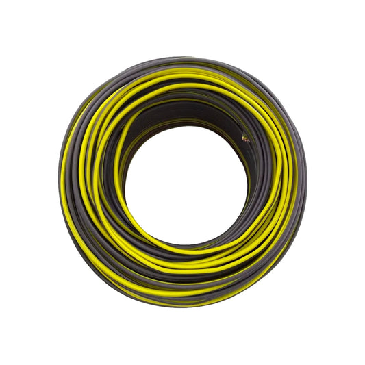 Bobina de cable eléctrico bicolor, aislamiento gris oscuro y amarillo brillante.