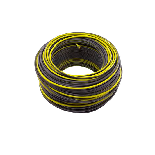 Rollo de cable eléctrico conductor gris con franja amarilla para instalaciones y proyectos de cableado.