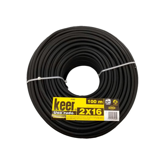 Conductor eléctrico bimetálico (cobre-aluminio).,100 metros de largo.,Aislamiento individual de PVC antiflama.,Cable de uso rudo de 2 conductores.,Cable flexible tensión máxima 300 V,Cable dúplexalucobre calibre 16 de 26 hilos.