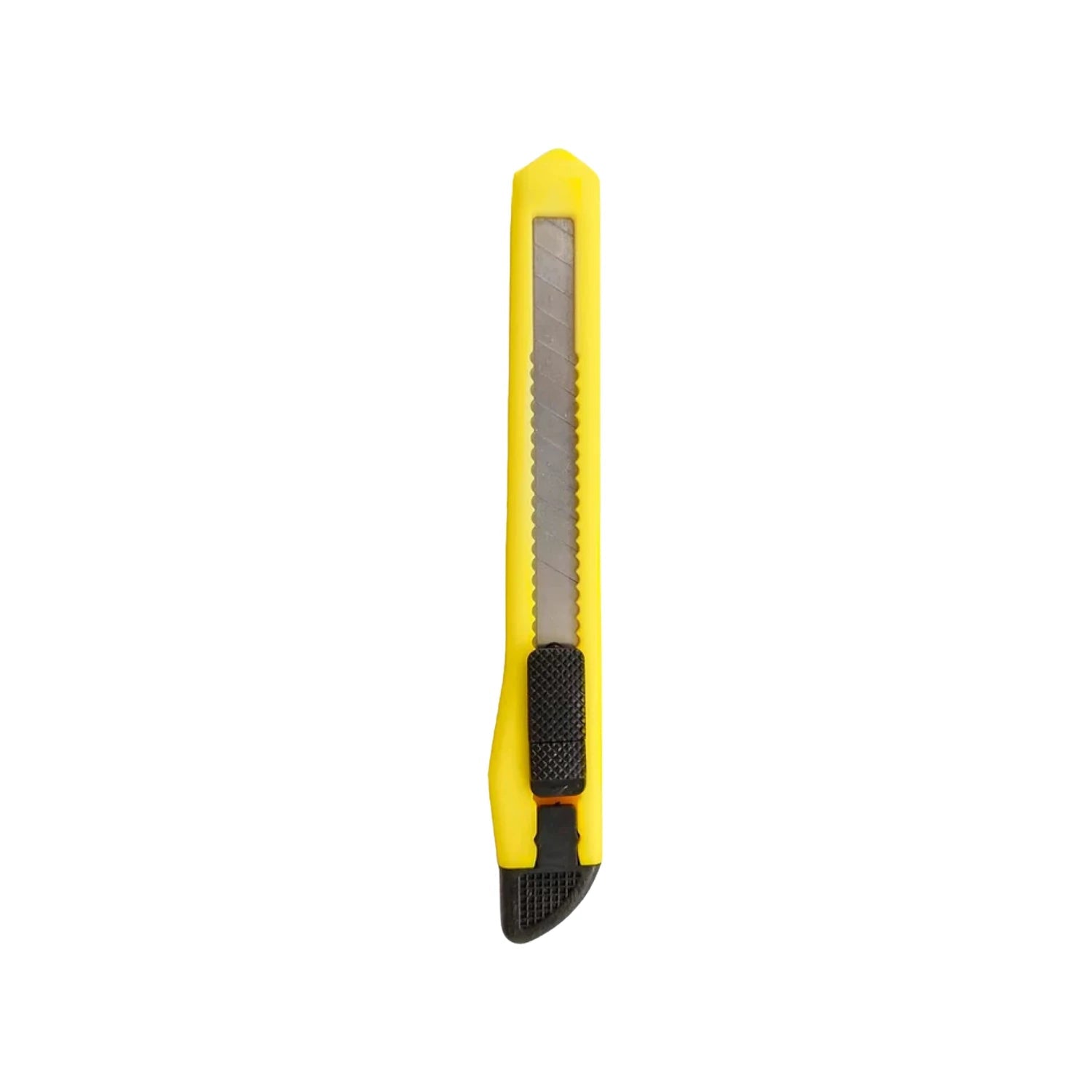 Cúter amarillo con cuchilla retráctil segmentada, herramienta de corte manual para cartón, papel y plásticos.