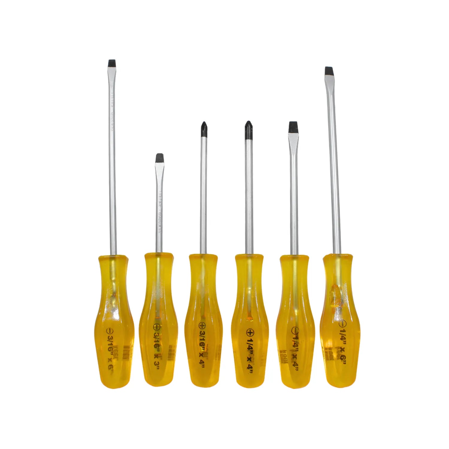 Juego de 6 destornilladores planos y Phillips con mango ergonómico amarillo transparente de alta resistencia.