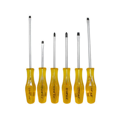 Juego de 6 destornilladores planos y Phillips con mango ergonómico amarillo transparente de alta resistencia.