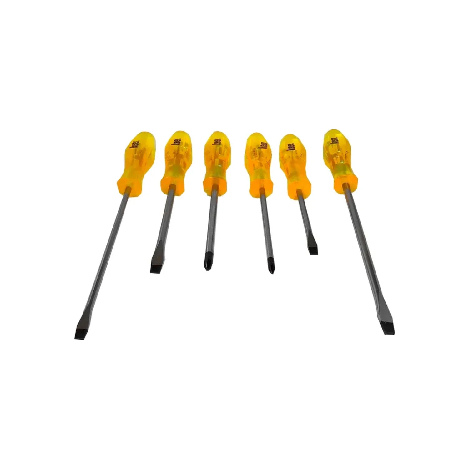 Puntas fijas templadas.,Mangos estriados.,Cabeza giratoria.,Medidas: 3 planos de 1/32"(0.8 mm), 3/64"(1 mm) y 5/64"(2 mm), 3 Phillips de #4, #5 y #6,Ideal para joyeria.