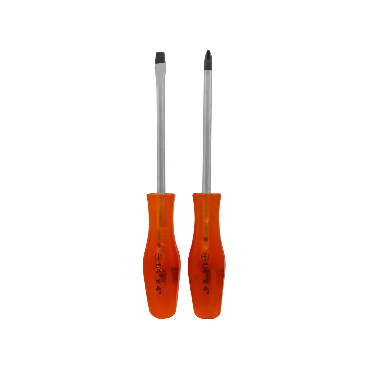 Juego de destornilladores punta plana y Phillips 1/4 x 4 pulgadas con mango ergonómico naranja transparente.