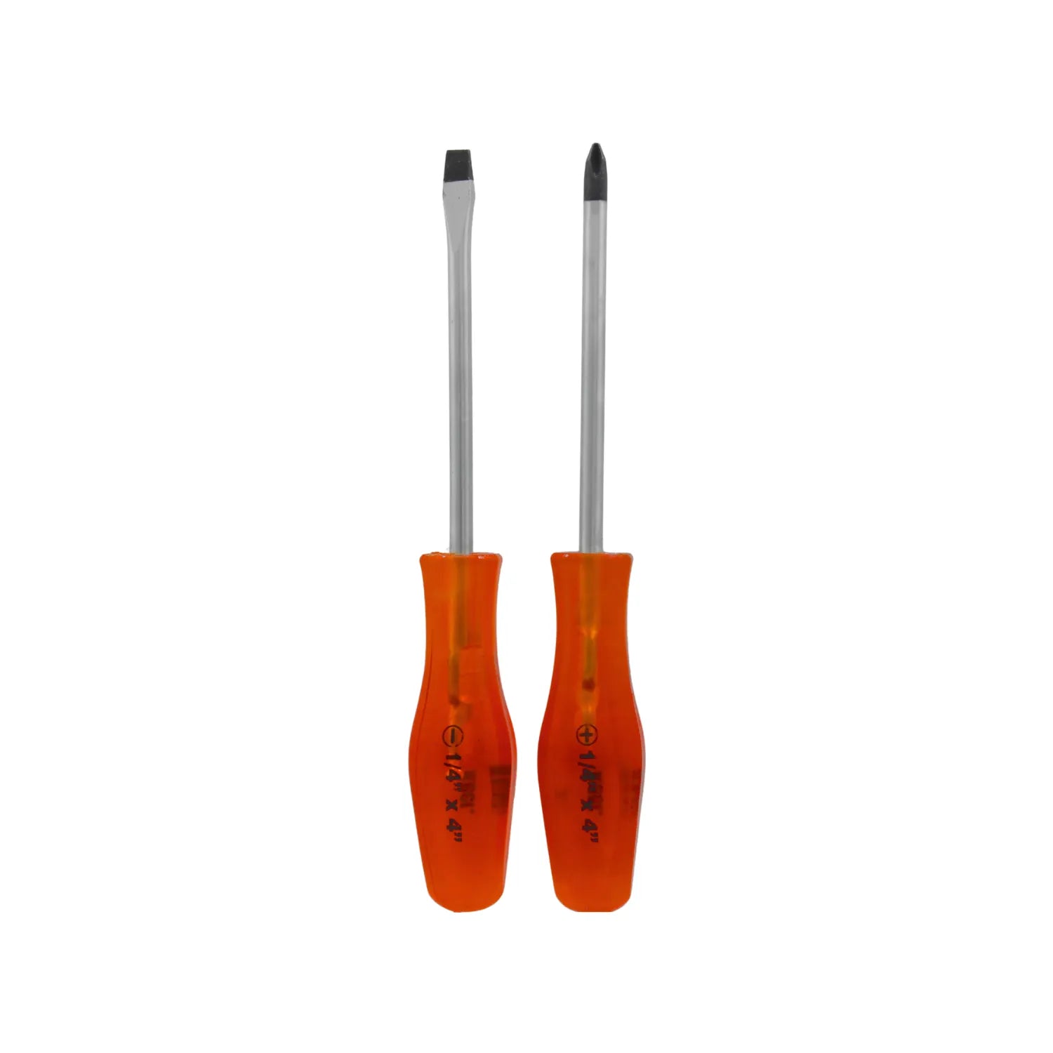 Juego de destornilladores punta plana y Phillips 1/4 x 4 pulgadas con mango ergonómico naranja transparente.