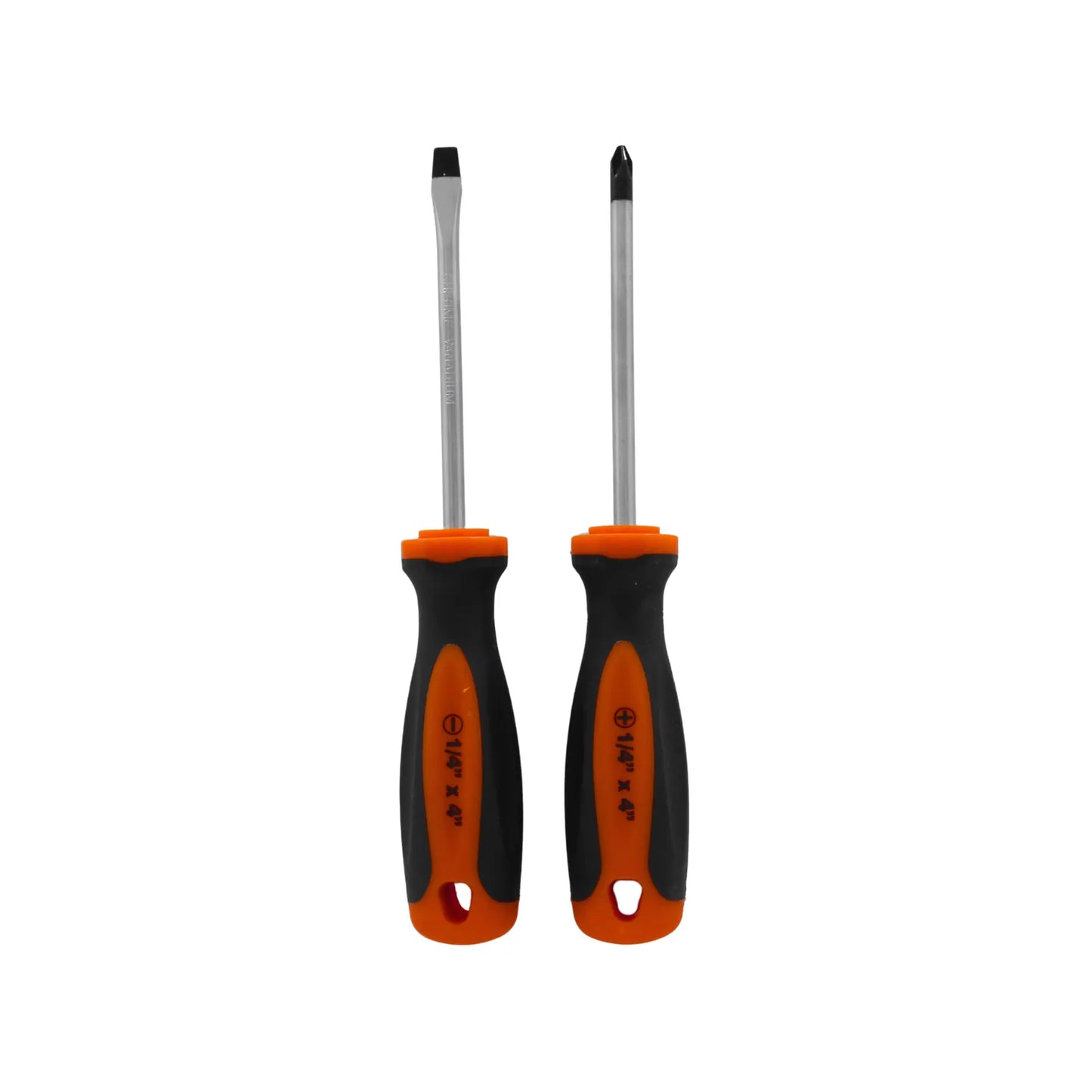 Juego de destornilladores plano y Phillips 1/4 x 4 pulgadas con mango ergonómico antideslizante naranja y negro.