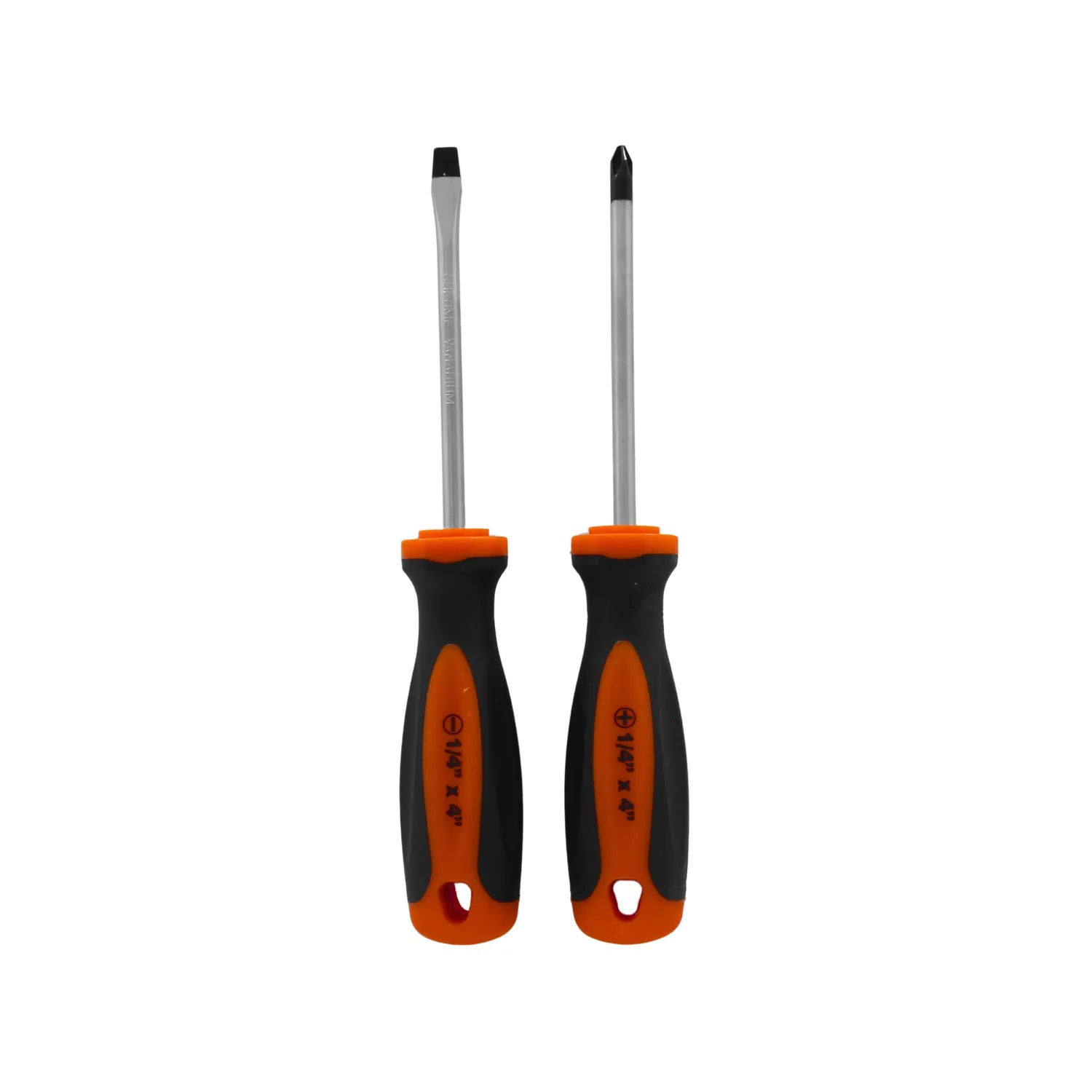 Juego de destornilladores plano y Phillips 1/4 x 4 pulgadas con mango ergonómico antideslizante naranja y negro.
